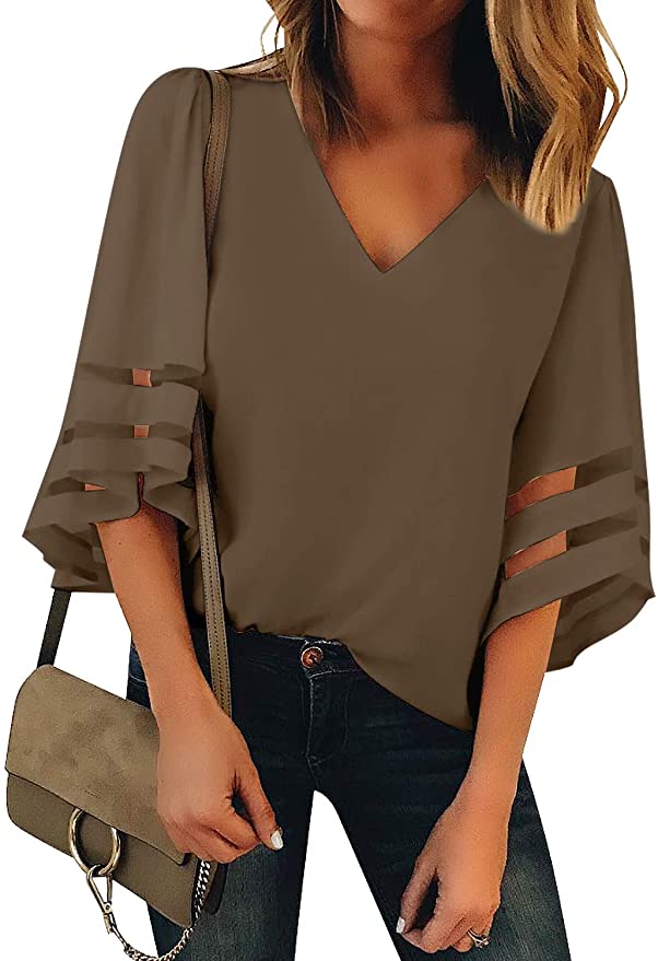 Buy Lookbook Store Women's V Neck Mesh Panel Blouse 3/4 Bell Sleeve Loose Top Shirt from Amazon